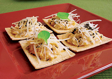 Kimchi parmesan dip on crackers